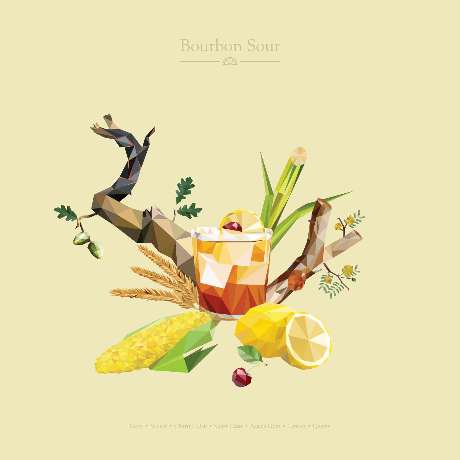 Low-poly geometric artwork of a Bourbon Sour cocktail