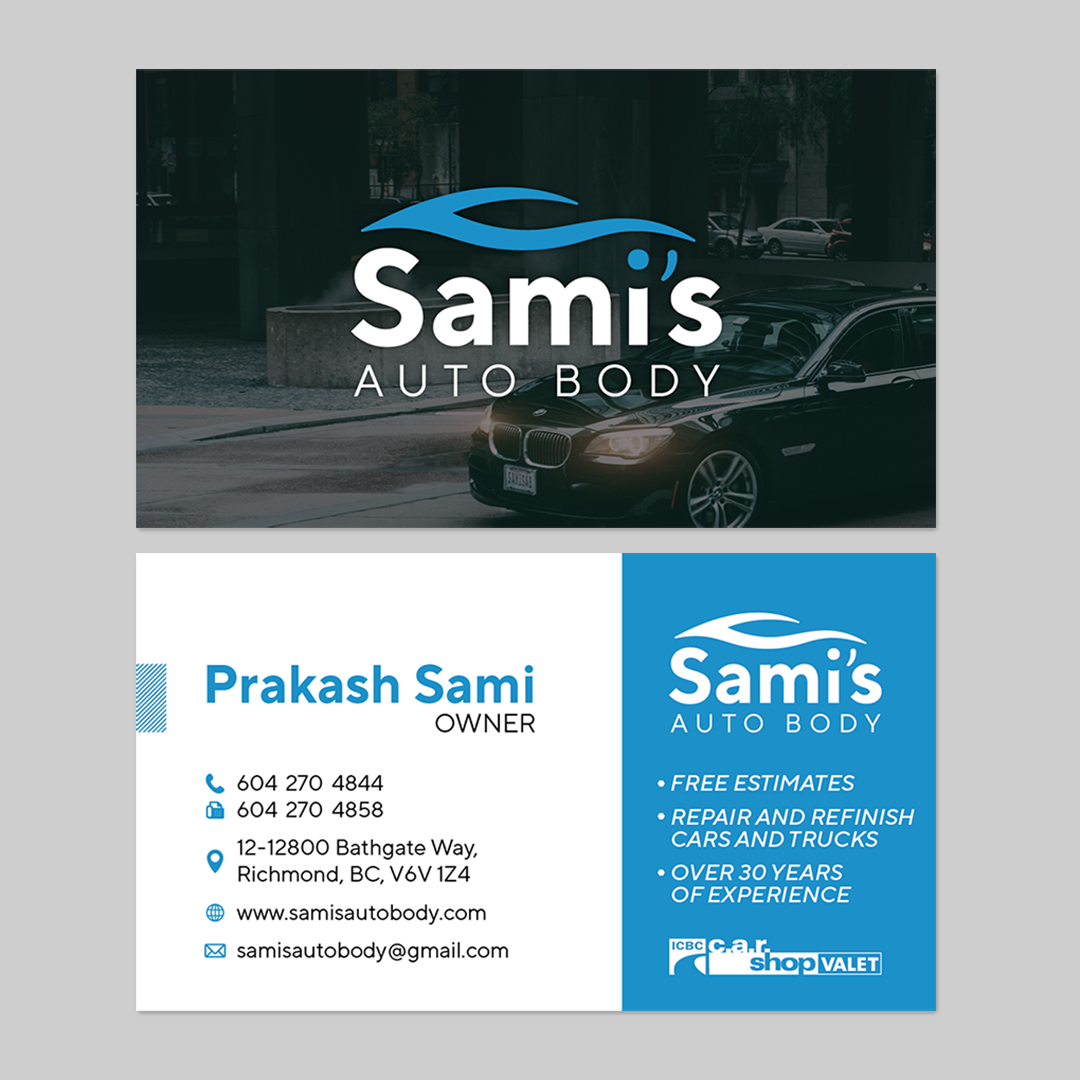 Sami's Auto Body business card design, front and back