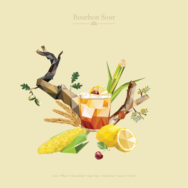 bourbon sour art print cocktail design with ingredients surrounding in polygonal style bar art