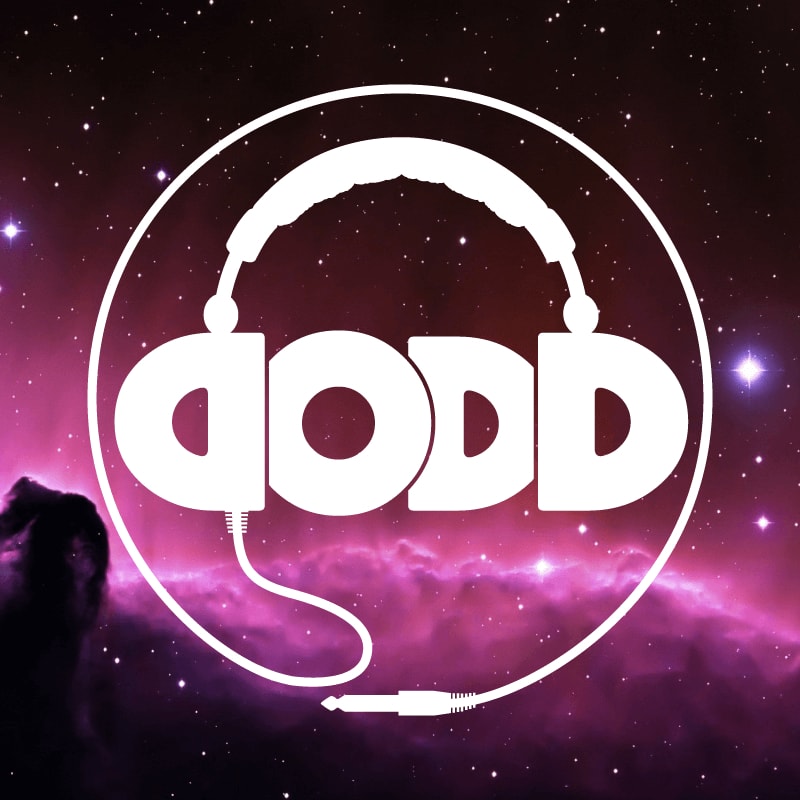 logo for dj dodd, victoria dj, stylized headphones spelling dodd on a starry nebula background